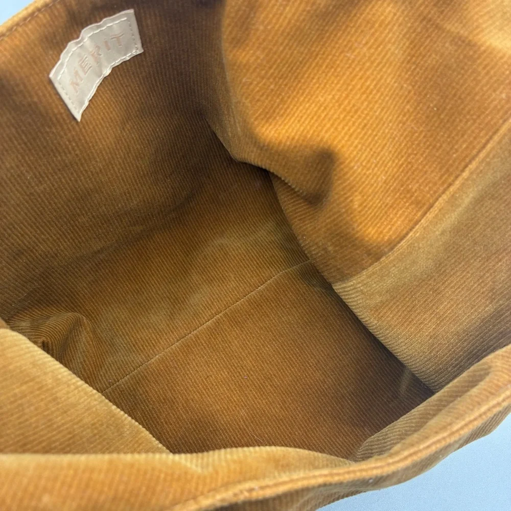 Merit Beauty The Signature Cosmetic Makeup Bag Corduroy Tie Top Pouch Brown - Picture 6 of 7